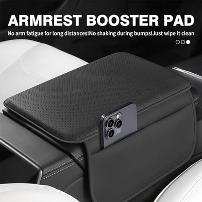 Car Armrest Cover for Car, Nappa Leather Center Console Armrest Pad with Side Storage Pockets, Breathable Non-Slip Auto Arm Rest Cushion, Universal Fit for Most Cars Tesla Model Y