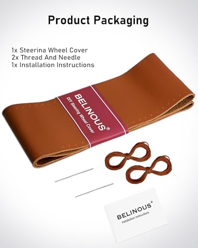 BELINOUS Leather Steering Wheel Cover Lace Up, Stitch on Steering Wheel Wrap, Universal Fit 13-20 Inch Car Truck Pickup Boat, A Whole Piece of Cowhide, DIY w/Needle Thread (Size M0, Brown) - color: Brown, size: M0