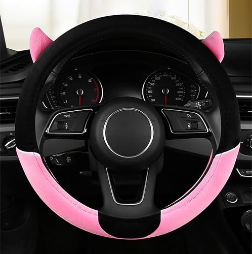 Fuzzy Pink Steering Wheel Cover with Ears Soft Cute Steering Wheel Protector Universal 15 Inch, Lovely Decor Car Accessories Soft Plush for Winter Warm