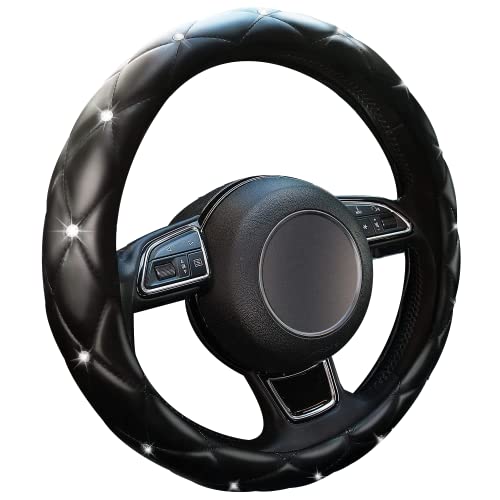 Cute Sparkly Black Car Steering Wheel Cover, Soft Breathable Anti-Slip PU Leather Steering Wheels Covers with Diamond Bling Rhinestone,Universal Protector Cars Accessories - color: Black