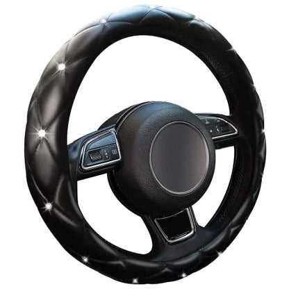 Cute Sparkly Black Car Steering Wheel Cover, Soft Breathable Anti-Slip PU Leather Steering Wheels Covers with Diamond Bling Rhinestone,Universal Protector Cars Accessories - color: Black