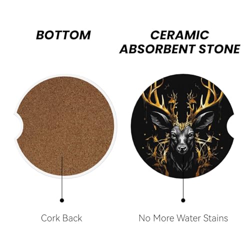 Absorbent Ceramic Car Coasters for Cup Holders, Black Gold Deer Design 2.56" Anti Slip Universal Drink Cup Coasters for Women Men (2 Pack) - color: Black Gold Deer