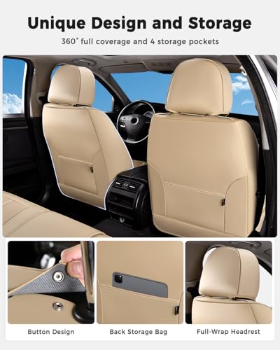 Huidasource Seat Covers Full Set, Universal Fit for Most Cars SUVs Trucks, Full Coverage Leather Automotive Seat Cover, Airbag, Cupholder Compatible, Seat Function Retain, Velcro Adjustable, Beige - color: FS: Beige, size: Full Set