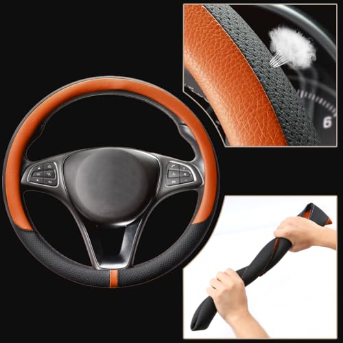 Breathable Car Steering Wheel Cover 15 inch Auto Universal Leather Wrap Non-Slip Steeringwheel Protector Automotive Interior Accessories, Purple (Suit for 14.5-15 inch) - color: A-Orange, size: M (14.5"-15")