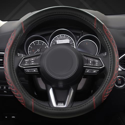Car Steering Wheel Cover for Mazda 3,5,6,CX-3,CX-5,CX-30,CX-50,CX9,CX-9,MX-5 Miata,CX-7,RX-8,14.5-15 inches(Diamond Quilted-Black+Red-Standard Size) - color: Diamond Quilted-Black+Red
