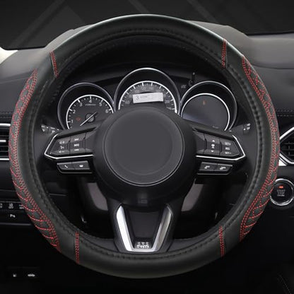Car Steering Wheel Cover for Mazda 3,5,6,CX-3,CX-5,CX-30,CX-50,CX9,CX-9,MX-5 Miata,CX-7,RX-8,14.5-15 inches(Diamond Quilted-Black+Red-Standard Size) - color: Diamond Quilted-Black+Red