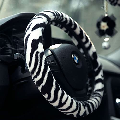 Fluffy Zebra Plush Steering Wheel Cover for Women/Girls/Ladies, Soft Fur Steering Cover for Winter Warm, Universal 15 inch, Black White