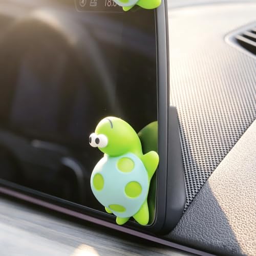 YGMONER 4Pcs Cute Resin Tortoise Figurines for Car Dashboard – Mini Turtle Ornaments for Car Monitor Decor, Small Animal Statue with Adhesive Stickers