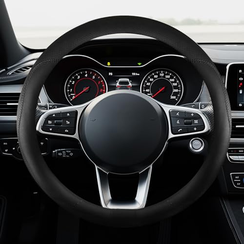 Leather Car Steering Wheel Cover, Breathable Laser-Perforated, Pure Black Double Lines, Rich Texture, 14.5-15 Inch for Dodge - color: Pure black dual lines, size: For Dodge