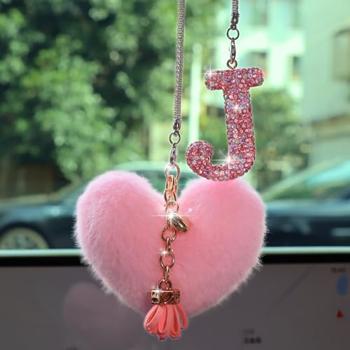 Bling Pink Car Accessories for Women Letter Charm, Rainbow Color Rear View Mirror Cute Crystal Pendant Car Decorations, Lucky Gifts Diamond Rhinestone Charm Interior (J, Tassel Heart) - color: Pink J