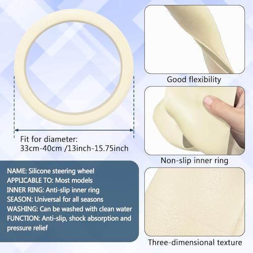 Car Steering Wheel Cover, 13 to 14.17 inches Non-Slip Silicone Steering Wheel Protector, Car Accessories Thin Soft Leather Texture Steering Wheel Protective Cover for Most Cars (Beige) - color: Beige
