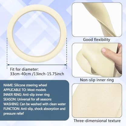 Car Steering Wheel Cover, 13 to 14.17 inches Non-Slip Silicone Steering Wheel Protector, Car Accessories Thin Soft Leather Texture Steering Wheel Protective Cover for Most Cars (Beige) - color: Beige