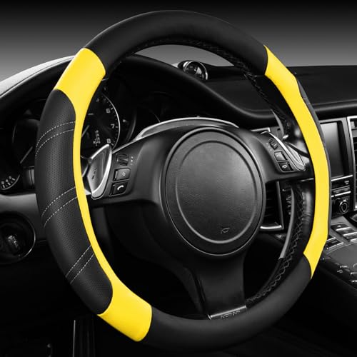 CAR PASS Leather Steering Wheel Cover and Waterproof Car Floor Mats,Microfiber Universal Car Combo Fit for 95% Sedan SUV Van Truck,14.5-15 inch Sporty Anti-Slip Safety Comfortable Design, Black＆Yellow - color: Black&Yellow