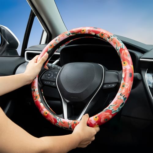 Poppy Coral Pink Flowers Steering Wheel Cover Auto Jacquard Steering Wheel Protector, Anti-Slip, Breathable, Absorbing Sweat, Universal Car Accessories 14.5–15 inch,Fit for Most Car, Trucks, SUV - style: Poppy Coral Pink Flowers