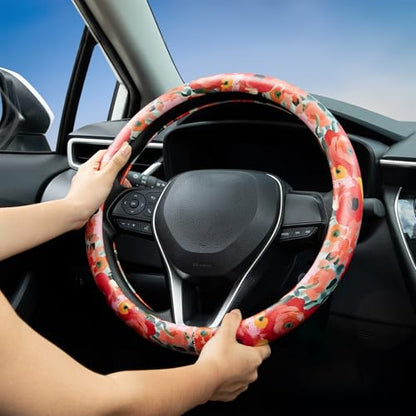 Poppy Coral Pink Flowers Steering Wheel Cover Auto Jacquard Steering Wheel Protector, Anti-Slip, Breathable, Absorbing Sweat, Universal Car Accessories 14.5–15 inch,Fit for Most Car, Trucks, SUV - style: Poppy Coral Pink Flowers