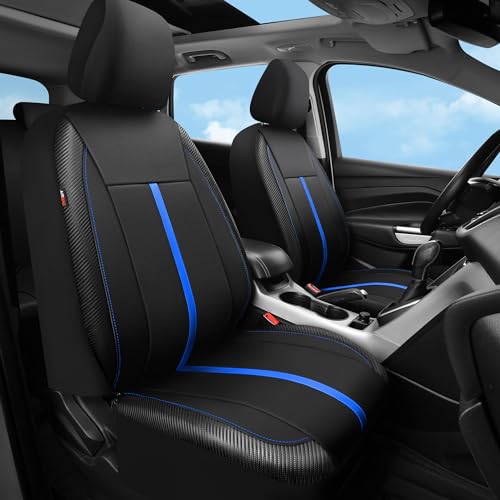 Leather Car Seat Covers Black Blue, Sporty Carbon Fiber Leather Full Set Waterproof Auto Seat Covers, Airbag Compatible, Universal Fit for SUV,Sedans,Vans,Pickup, Full Set, Black Blue