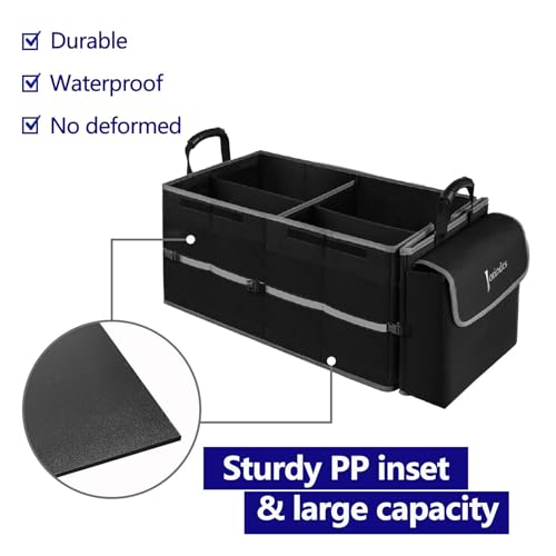 Collapsible Trunk Organizer for Car with Insulated Leak proof Cooler Bag, 3 Compartments SUV Cargo Organizer Removable Dividers, 5 in1 Car Storage Organizer with Foldable Lid,2 Tie-Down Straps(Black)