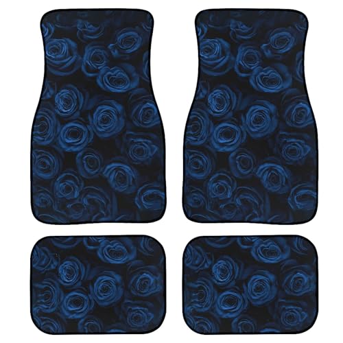 Blue Rose Car Floor Mats Set of 4,Closeup Flower Bouquet Beautiful Blossoms Floor mats for Cars Universal Front Rear Vehicle Foot Rugs Dark Floral Pattern Car Accessories for Trucks Sedans - color: Blue Black