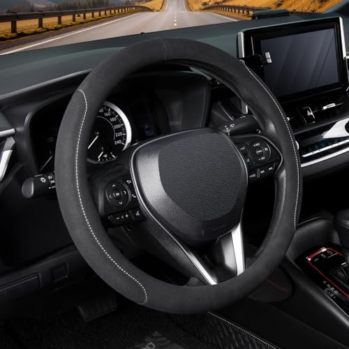 15 inch Microfiber Suede Car Steering Wheel Cover, Universal Anti-Slip Grip Protector for SUV Truck, Black