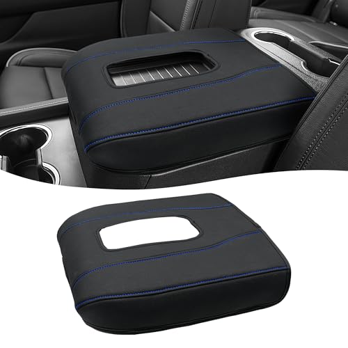 Center Console Armrest Cover for Chevy Silverado 1500 Accessories & GMC Sierra 2019-2026, Yukon & Tahoe & Suburban 2021-2026, Bucket Seat, PU Leather Middle Console Lid Cover Pad, Black-Blue Stitch - color: Black blue