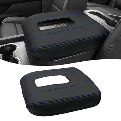 Center Console Armrest Cover for Chevy Silverado 1500 Accessories & GMC Sierra 2019-2026, Yukon & Tahoe & Suburban 2021-2026, Bucket Seat, PU Leather Middle Console Lid Cover Pad, Black-Blue Stitch - color: Black blue