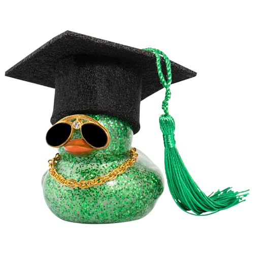 wonuu Car Dashboard Decor Graduation Hat Color Rubber Duck, Car Ducks Ornaments with Mini Graduation Hat Necklace Sunglasses (Dark Green) - color: Dark Green, style: Glitter