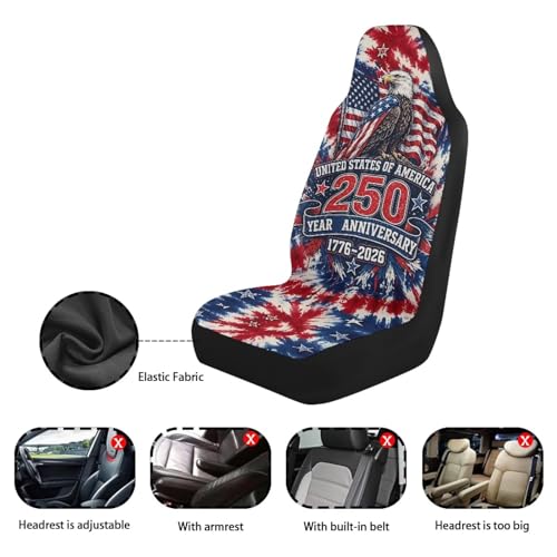 American Flag 250th Anniversary Patriotic Car Seat Covers Full Set of 2, Eagle Patriotic Seat for Auto Front Seats, Tie Dye Breathable Car Accessories for Sedan Truck SUV - color: American Flag 250th