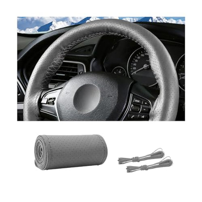 Genuine Leather Car Steering Wheel Cover, DIY Sewing Stitch on Wrap Auto Wheel Cover with Needle Thread, Breathable Anti-Slip Vehicle Steering Stitching Protector, Universal Fit (Gray) - color: Gray