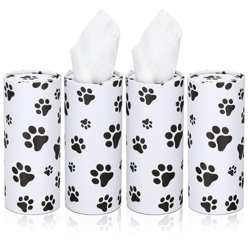 Geyoga 4 Pack Car Tissues Box with Facial Bulk Round Tube Car Tissue Travel Cylinder Holder Cup Holder for Home Bathroom Office (Paw Print)