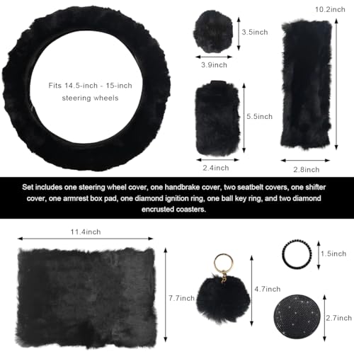 10 PCS Fluffy Steering Wheel Covers Set, 15 Inch Soft Steering Wheel Cover, Handbrake Cover & Gear Shift Cover & Seat Belt Cover & Gear Shift Cover & Diamond Ignition Ring (Black)