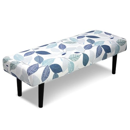 Stretch Bench Cover, Seat Cushion Protector, Washable Slipcover, Printed Rectangle Cover for Dining Room, Living Room, Kitchen - color: Blue-and-white Leaves