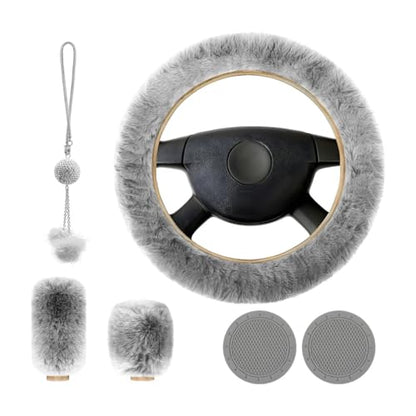 6 PCS Fluffy Steering Wheel Covers Set, 15 Inch Soft Steering Wheel Cover, Handbrake Cover & Gear Shift Cover & Cup Holder Coaster & Car Mirror Accessory, Car Accessories (Gray) - color: Gray