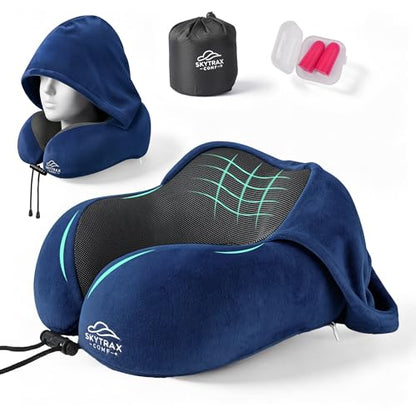 SkytraxComf® Travel Neck Pillow with Hood for Privacy on Long Flights | Memory Foam | Airplane Sleep | Safety-Tested Materials | Extra Large Hood | Chin Support | Earplugs | Washable Cover