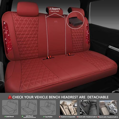 CAR PASS Bling Diamond Burgundy Leather Car Seat Covers Full Sets Interior Sets, Waterproof Shining Glitter Sparkly Crystal Universal Armrest Fit Automotive Truck SUV Cute Women Girl, Red Rhinestone - color: Burgundy Rhinestone, size: Full Set