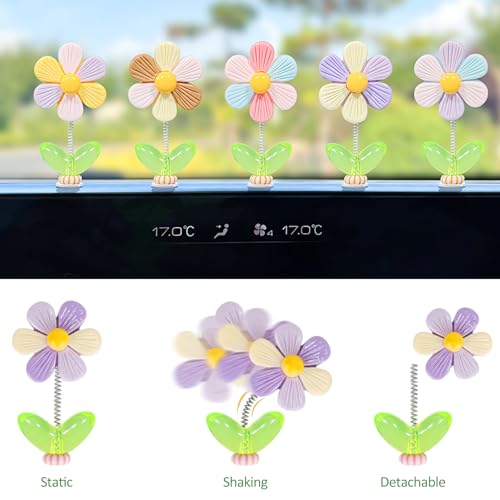 5pcs Cute Car Accessories for Women, Shaking Spring Rainbow Flower Dashboard Decorations with Strong Adhesive Property, Car Decorations Interior UV-Resistant for Gifts