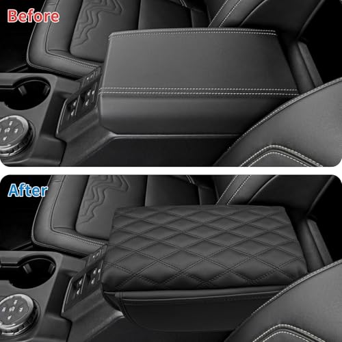Zxiaochun Center Console Cover Compatible with Ford Bronco 2021 2022 2023 2024 2025 2026 2/4-Door, Armrest Lid Leather Protector Interior Accessories, with Side Pockets - size: Black with Side Pockets