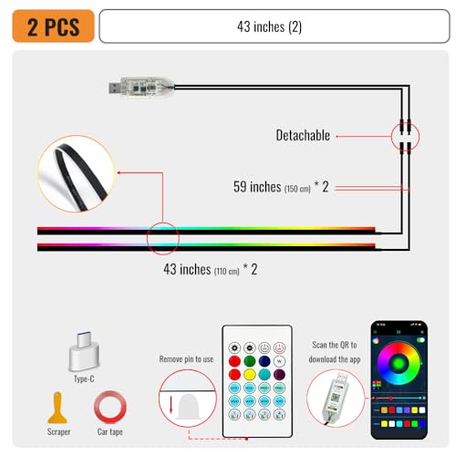 Ambient Lighting Car led Lights Interior, 43.3'' USB Powered Acrylic Neon Flexible Strip Model y Ambient Lighting kit with Remote APP,Dynamic RGB 2 in 1 Music Lights Sync for Inside car Decorations - size: 2 in 1( 43.3inch*2)