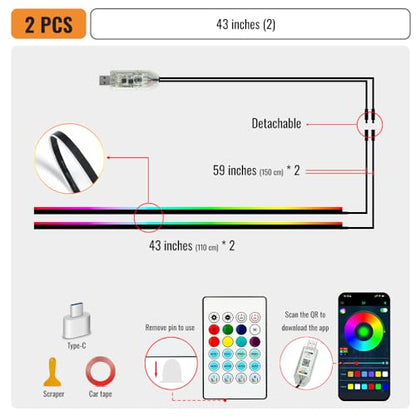 Ambient Lighting Car led Lights Interior, 43.3'' USB Powered Acrylic Neon Flexible Strip Model y Ambient Lighting kit with Remote APP,Dynamic RGB 2 in 1 Music Lights Sync for Inside car Decorations - size: 2 in 1( 43.3inch*2)