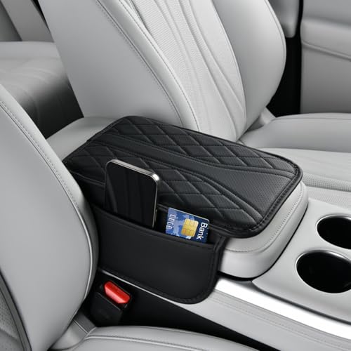 Car Center Console Cover with Storage Bags, Leather Armrest Pad Protector for SUV, Sedan, Truck Interior Accessories (Black)