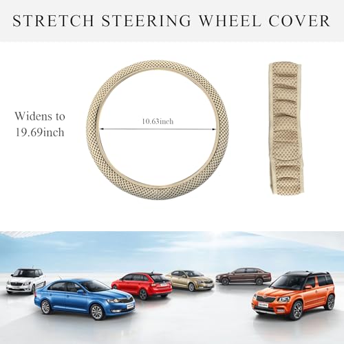 Yourkar Elastic Steering Wheel Cover, 15"×15" Comfy Breathable Stretch Steering Wheel Protector, Ice-Silk Cloth Polyester Steering Wheel Cover for Men Women, Car Accessories (Beige) - color: Beige