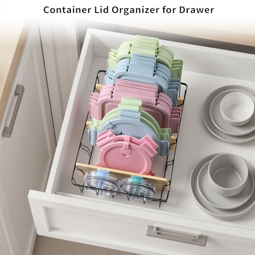 2-Pack Adjustable Lid Organizers - Large Kitchen Cabinet Organizer for Food Storage Container and Tumbler Cup Lids with 6 Bamboo Dividers - Organizers in Kitchen/Pantry/Laundry Room - size: 2-Pack Small & Large