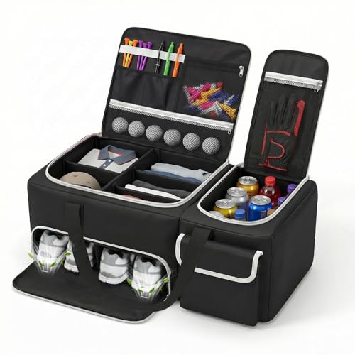 Golf Trunk Organizer, 2-Layer Car Trunk Locker with Ventilated Shoe Compartment for 2 Pairs, Adjustable Dividers, Multi-Pocket Storage for Balls Tees Gloves Towels