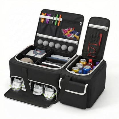 Golf Trunk Organizer, 2-Layer Car Trunk Locker with Ventilated Shoe Compartment for 2 Pairs, Adjustable Dividers, Multi-Pocket Storage for Balls Tees Gloves Towels