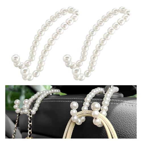 2 PCS Elegant Pearl Car Seat Headrest Hook, Cute Car Seat Hook Hanger Storage Organizer for Handbag Purse, Interior Decoration Headrest Hanger for Women Girls, Car Accessories