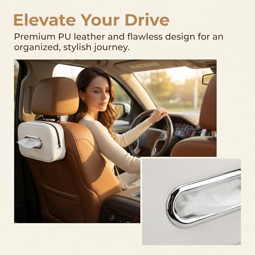 Compact Car Tissue Holder – Premium PU Leather Tissue Box, Fits 100 Sheets, Black Car Storage Organizer for Seat/Headrest/Center Console/Visor (Beige) - color: Beige