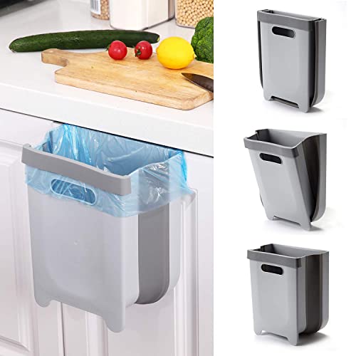 Hanging Collapsible Trash Can - 9L Wall Mounted Foldable Waste Bin for Kitchen Cabinet Door - Quickly Clean Counter, Sink, Bathroom - RV, Car, Camping Folding Garbage Basket (Gray) - color: Gray