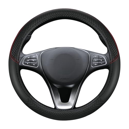 Leather Patchwork Black Steering Wheel Cover, 14.5-15 Inch Non-Slip Breathable Microfiber Car Steering Wheel Protector - color: Leather Patchwork - Black
