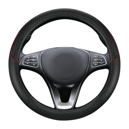 Leather Patchwork Black Steering Wheel Cover, 14.5-15 Inch Non-Slip Breathable Microfiber Car Steering Wheel Protector - color: Leather Patchwork - Black
