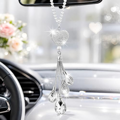 Frienda Bling Car Rear View Mirror Accessories for Women Gift Cute Heart Crystal Hanging Charm Diamond Decoration Lucky Interior Ornament Pendant(9.8 Inch,White) - color: White, size: 9.8 Inch