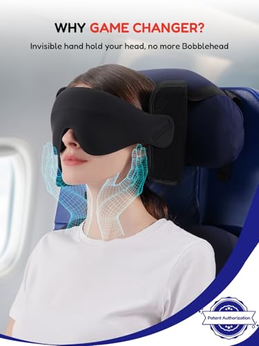 Travel Pillow for Airplane, Travel Pillow with Seat Strap and 3D Eye Mask to Firm Head, 360°Support Headrest No Bobblehead, Travel Essentials for Long Flight,Car Road Trip,Black - color: Black